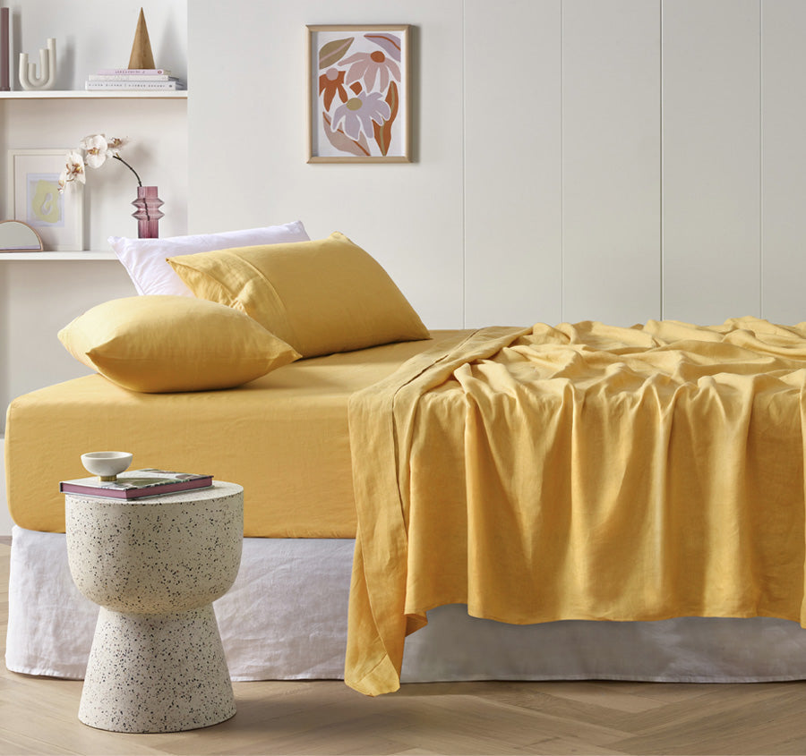 Stonewashed French Linen Mega Sheet Set Range Ochre
