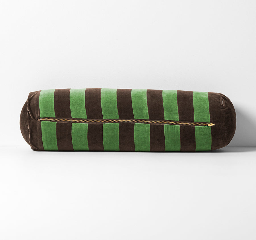 Luxury Velvet Stripe 18x60cm Filled Bolster Chocolate and Emerald