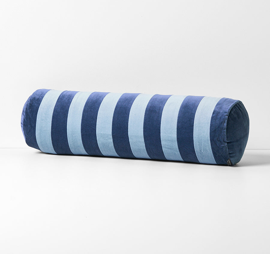 Luxury Velvet Stripe 18x60cm Filled Bolster Royal and Powder Blue