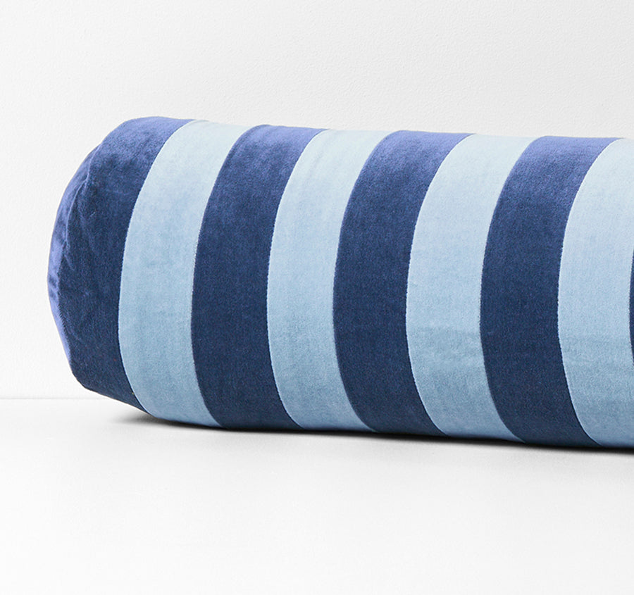 Luxury Velvet Stripe 18x60cm Filled Bolster Royal and Powder Blue