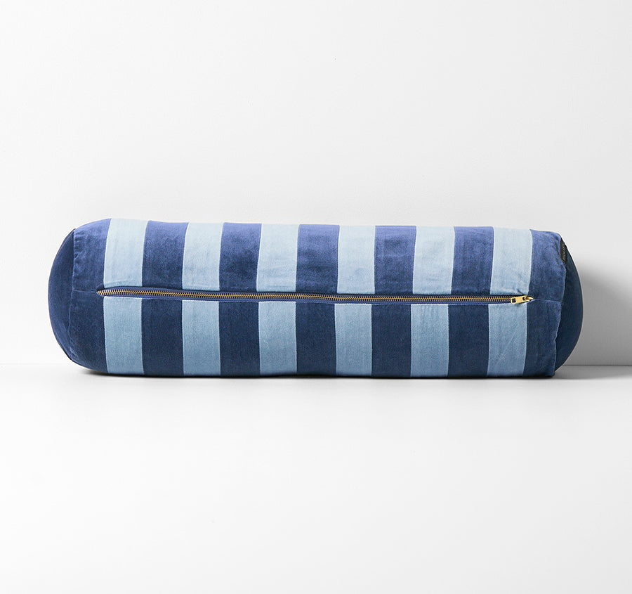 Luxury Velvet Stripe 18x60cm Filled Bolster Royal and Powder Blue