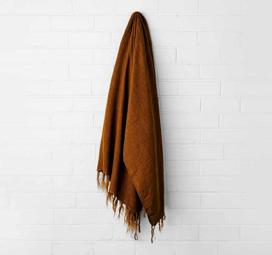Vintage Linen Fringe 130x170cm Throw Rug Tobacco
