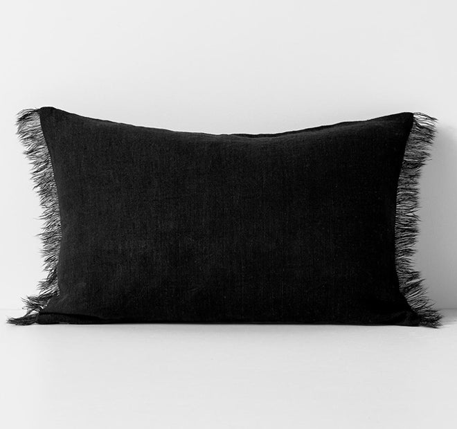 Vintage Linen Fringe 35x55cm Filled Cushion Black