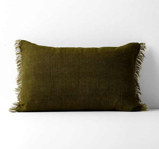 Vintage Linen Fringe 35x55cm Filled Cushion Khaki