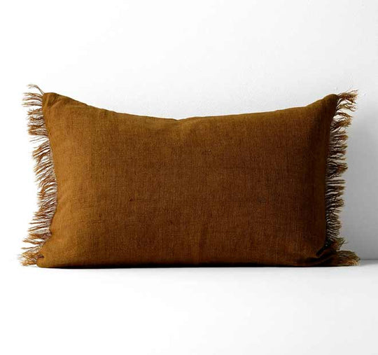 Vintage Linen Fringe 35x55cm Filled Cushion Tobacco