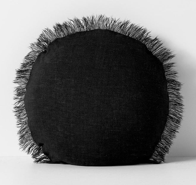 Vintage Linen Fringe 45cm Round Filled Cushion Black