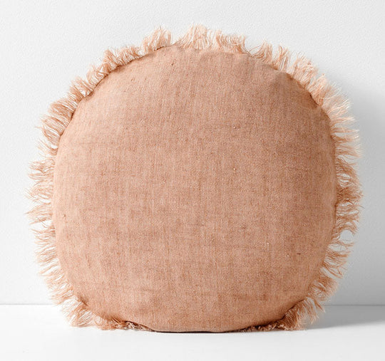 Vintage Linen Fringe 45cm Round Filled Cushion Clay
