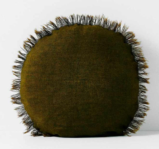 Vintage Linen Fringe 45cm Round Filled Cushion Khaki