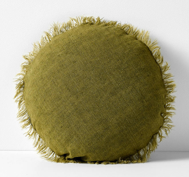 Vintage Linen Fringe 45cm Round Filled Cushion Olive