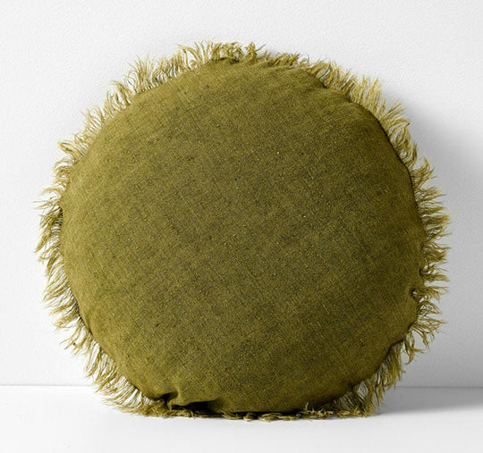 Vintage Linen Fringe 45cm Round Filled Cushion Olive
