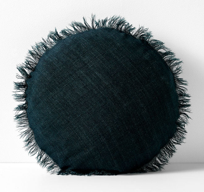 Vintage Linen Fringe 45cm Round Filled Cushion Slate