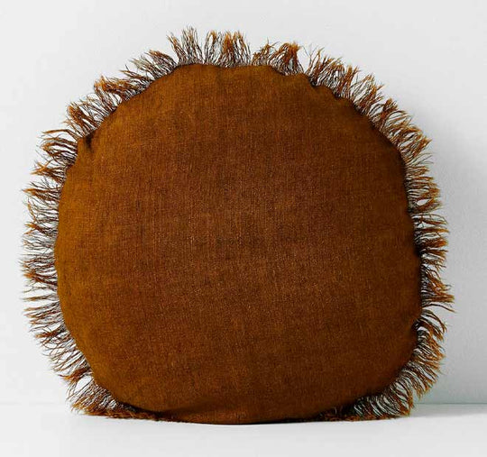 Vintage Linen Fringe 45cm Round Filled Cushion Tobacco
