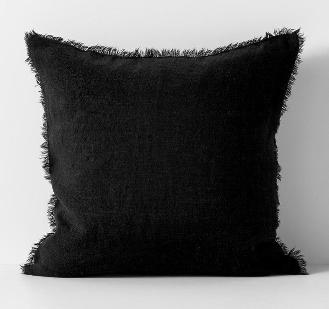 Vintage Linen Fringe 50x50cm Filled Cushion Black