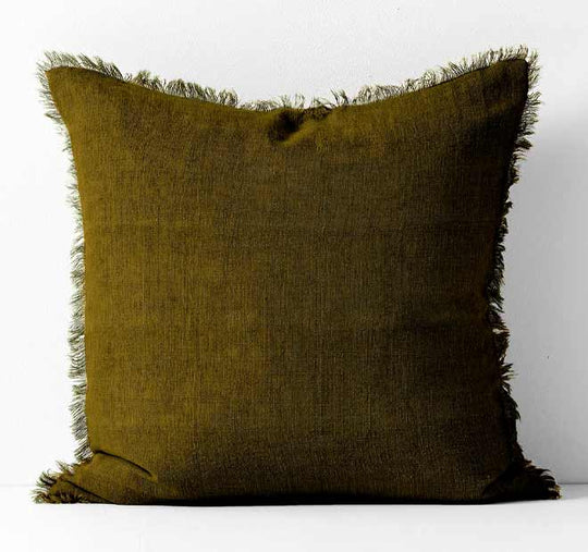Vintage Linen Fringe 50x50cm Filled Cushion Khaki