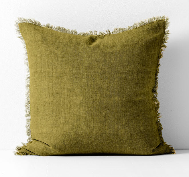 Vintage Linen Fringe 50x50cm Filled Cushion Olive
