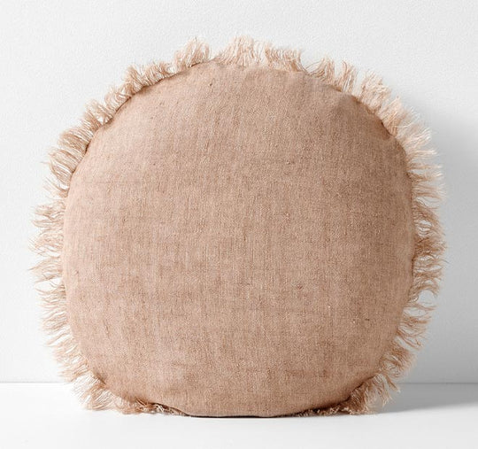 Vintage Linen Fringe 55cm Round Filled Cushion Pink Clay