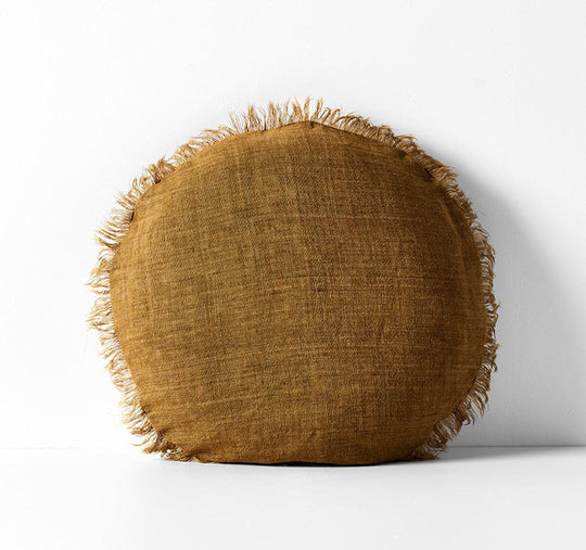 Vintage Linen Fringe 45cm Round Filled Cushion Bronze