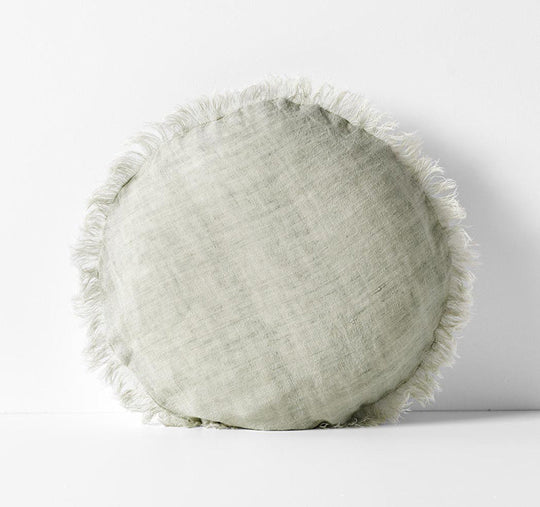 Vintage Linen Fringe 45cm Round Filled Cushion Fennel