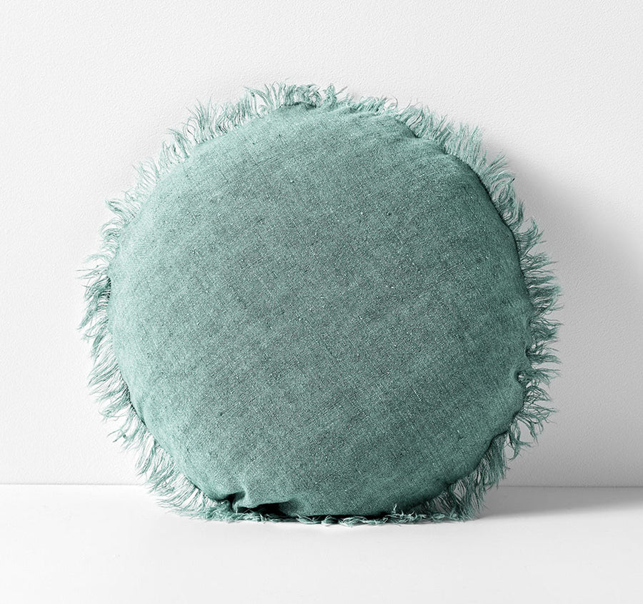 Vintage Linen Fringe 45cm Round Filled Cushion Jade