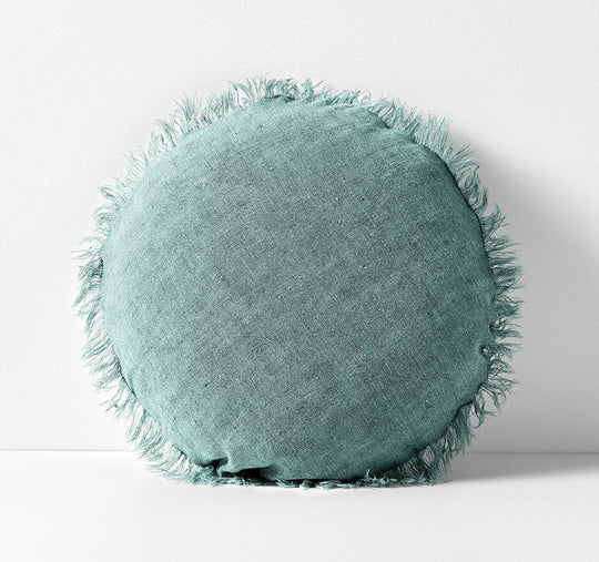 Vintage Linen Fringe 45cm Round Filled Cushion Jade