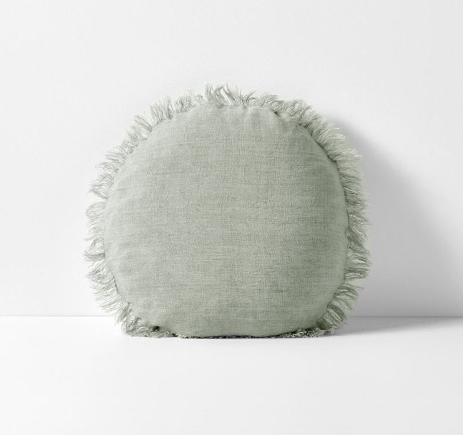Vintage Linen Fringe 45cm Round Filled Cushion Sage