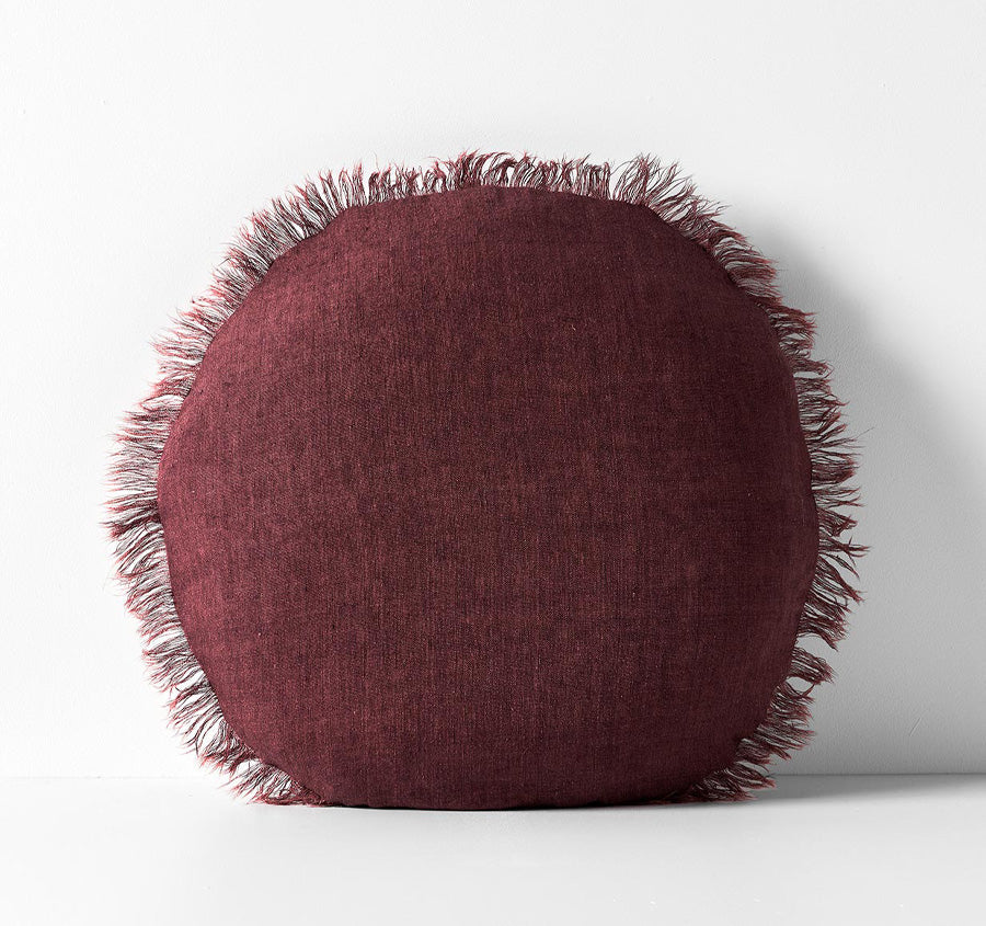 Vintage Linen Fringe 55cm Round Filled Cushion Syrah