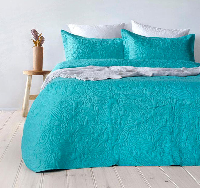 Embossed Paisley Queen to King Bed Coverlet Set Peacock