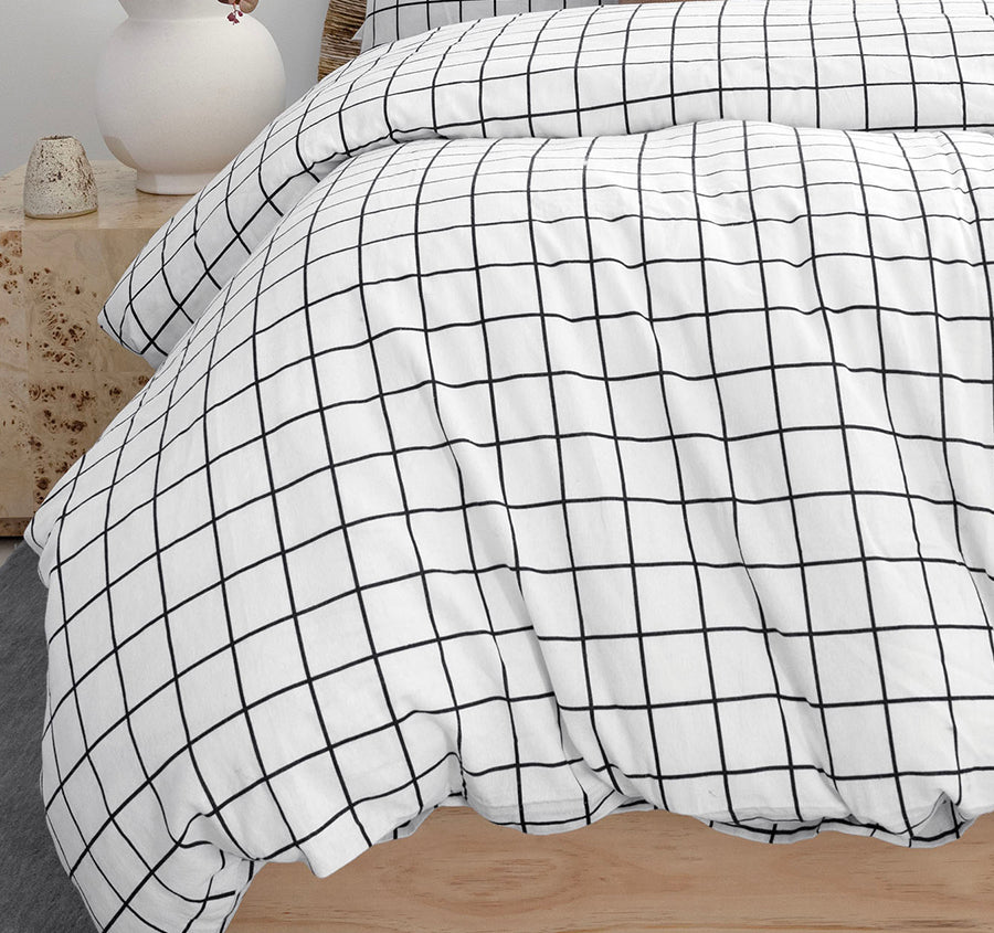 Grid Printed Flannelette Cotton Quilt Cover Set Range Black