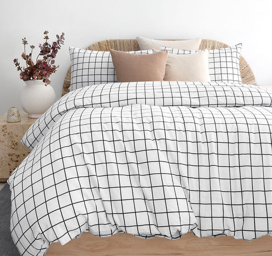 Grid Printed Flannelette Cotton Quilt Cover Set Range Black