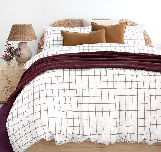 Grid Printed Flannelette Cotton Quilt Cover Set Range Boysenberry