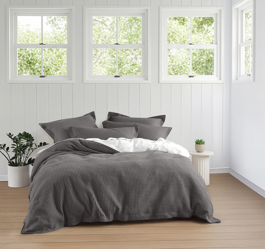 Haven Cotton Waffle Quilt Cover Set Range Charcoal Grey