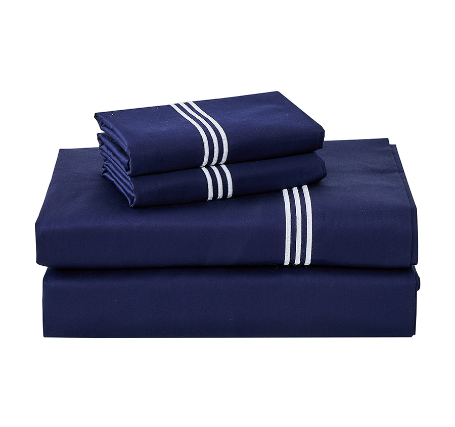 Signature 500TC Embroidered Egyptian Cotton Mega Sheet Set Range Midnight Navy and Pure White