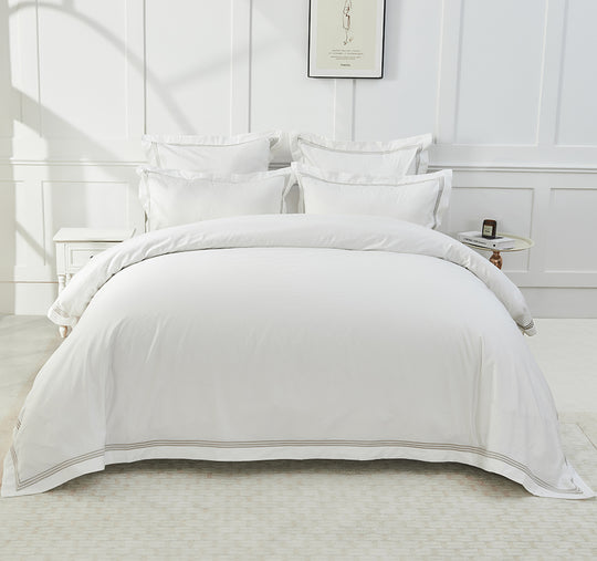 Signature 500TC Embroidered Egyptian Cotton Quilt Cover Set Range Pure White and Warm Taupe