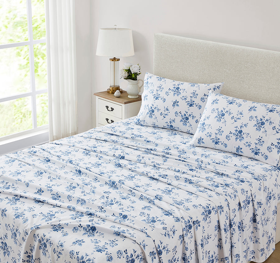 China Rose Printed Flannelette Cotton Sheet Set Range Midnight Blue