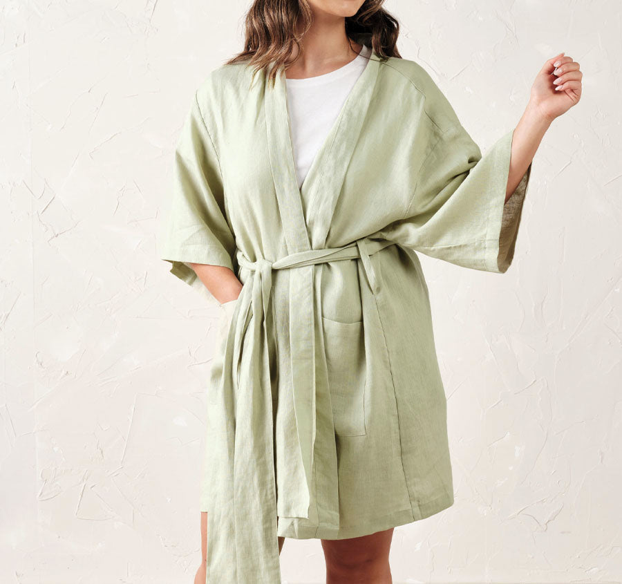 Nimes Linen One Size Short Bathrobe Wasabi