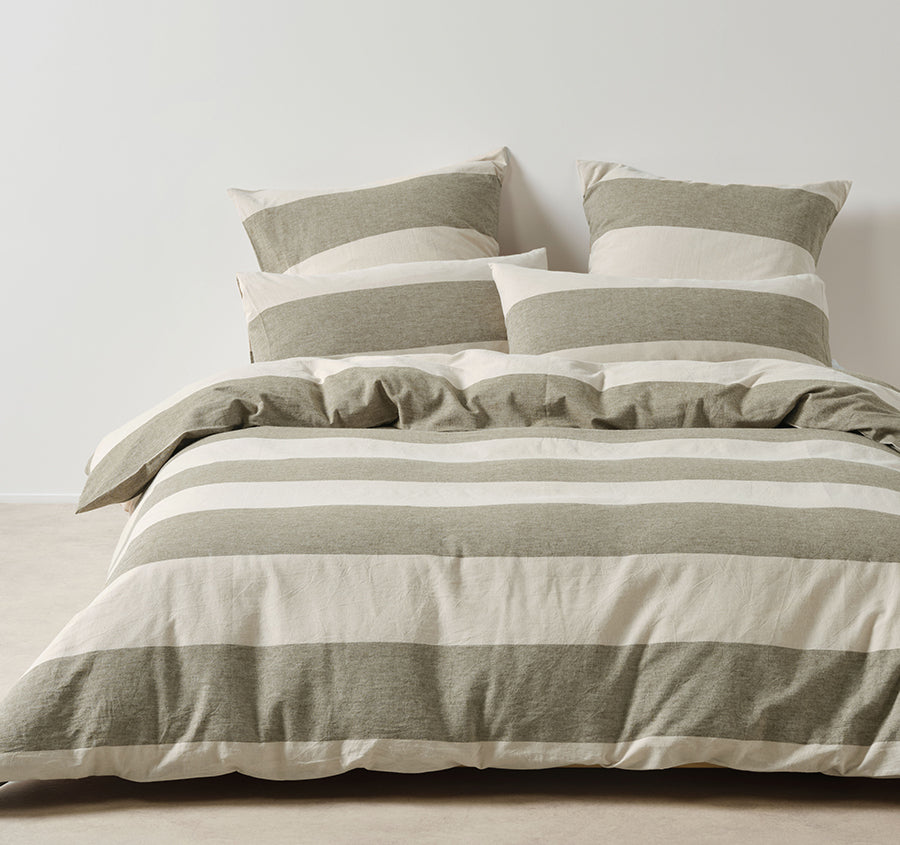 Vintage Wide Stripe Quilt Cover Set Range Olive
