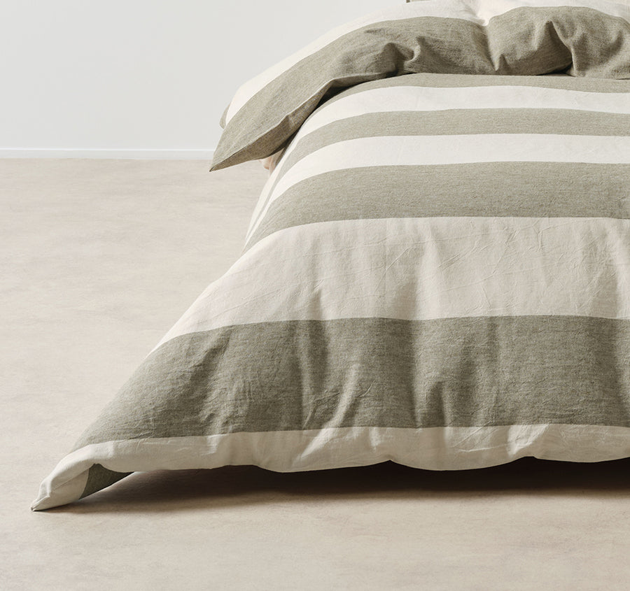 Vintage Wide Stripe Quilt Cover Set Range Olive