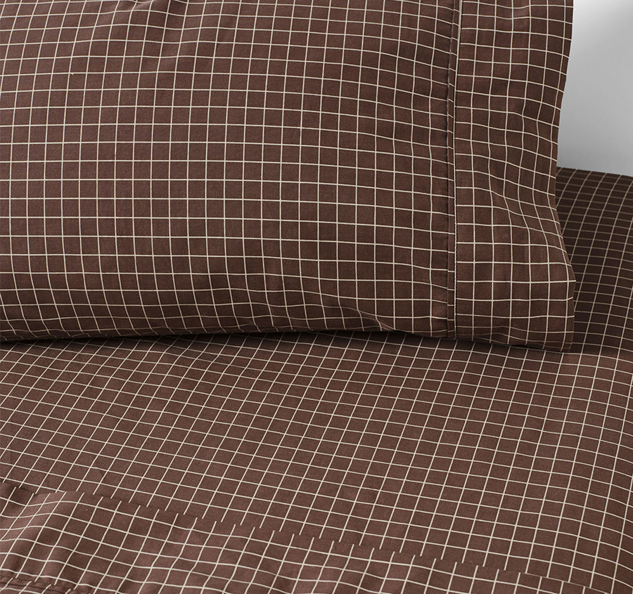 Volley Check Cotton Mega Sheet Set Range Chocolate