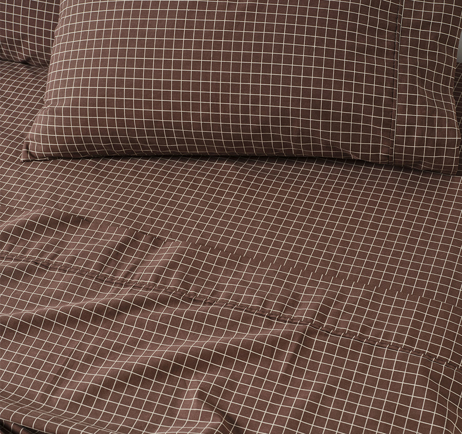 Volley Check Cotton Mega Sheet Set Range Chocolate