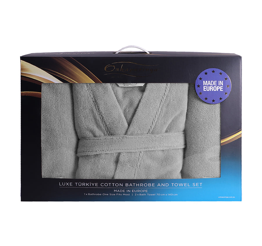 Luxe Türkiye Cotton Bathrobe and Towel Set Grey