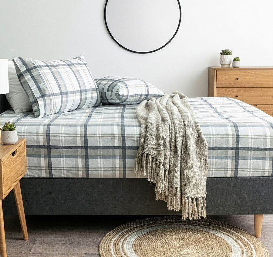 Egyptian Cotton Printed Flannelette Mega Fitted Combo Set Range Heathered Plaid