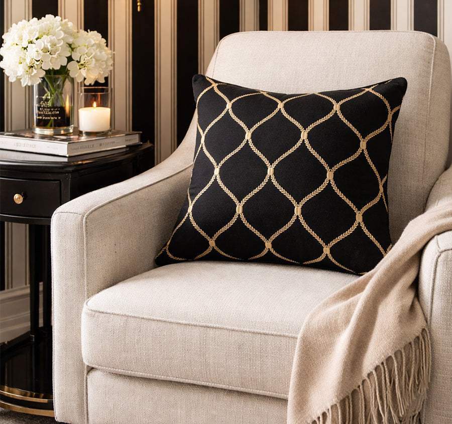 Linen Zahra Lattice 50x50cm Filled Cushion Black