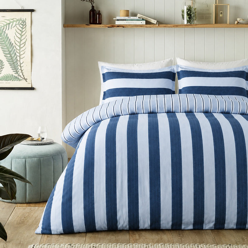 Cleo Stripe bedding in a clear blue bedroom palette
