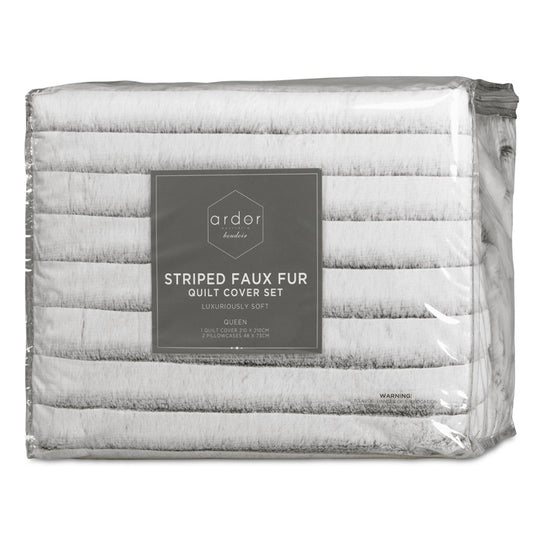Striped Faux Fur Quilt Cover Set Range Grey
