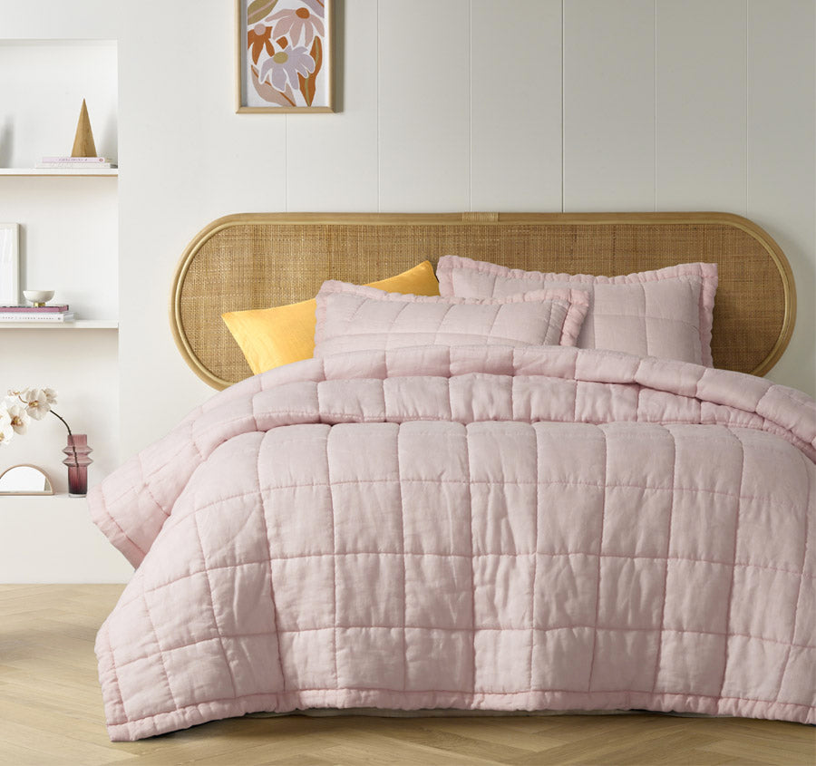 Stonewashed French Linen Coverlet Set Range Blush