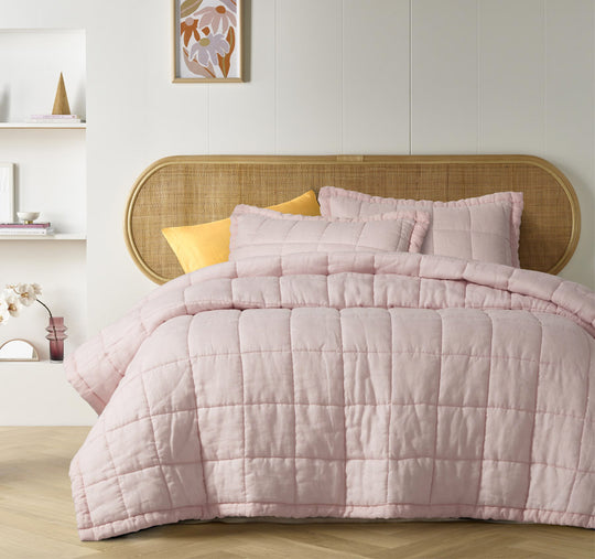 Stonewashed French Linen Coverlet Set Range Blush