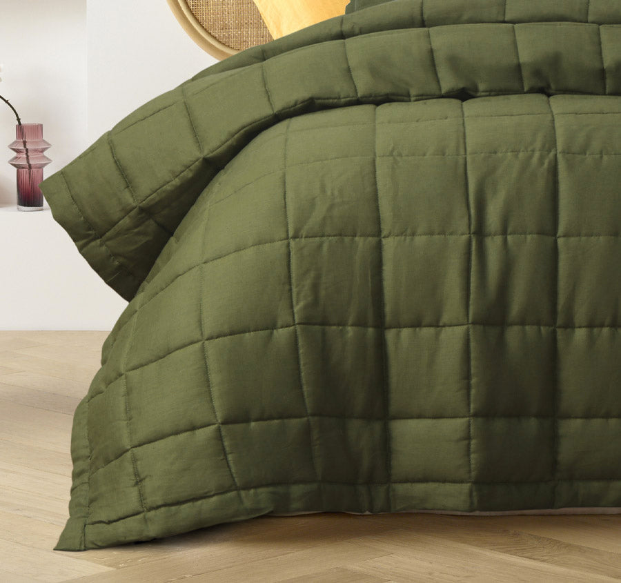 Stonewashed French Linen Coverlet Set Range Olive