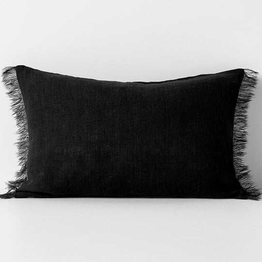 Vintage Linen Fringe 35x55cm Filled Cushion Black
