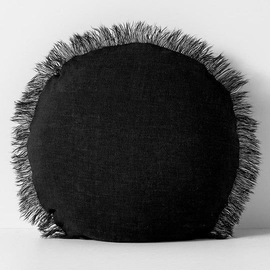 Vintage Linen Fringe 45cm Round Filled Cushion Black