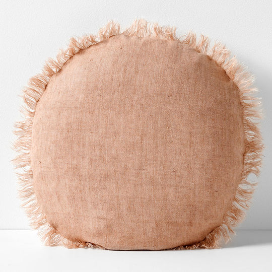 Vintage Linen Fringe 45cm Round Filled Cushion Clay